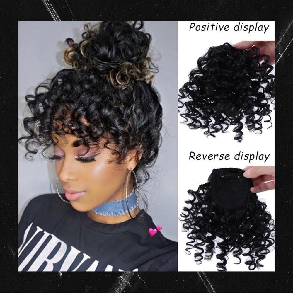Curly Bangs Clip In Hairpiece With Natural Black Heat Resistant Synthetic Hair